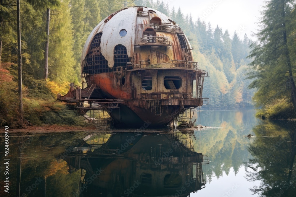 Poster abandoned spaceship near a serene lake, created with generative ai