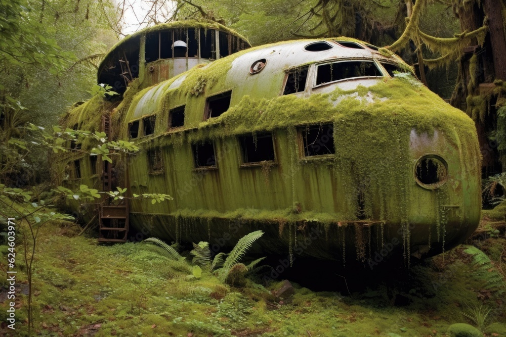 Wall mural rusty spacecraft hull overgrown with moss and vines, created with generative ai