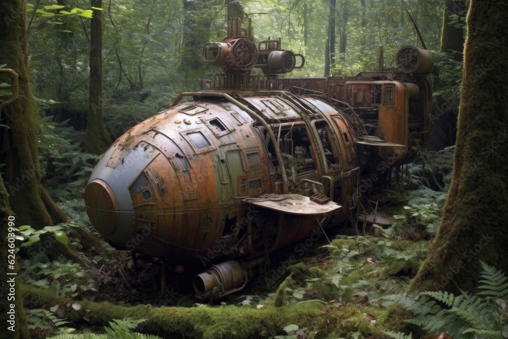 Poster rusty spacecraft half-buried in a dense forest, created with generative ai