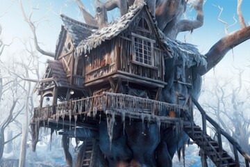 crumbling treehouse with frost-covered windows, created with generative ai