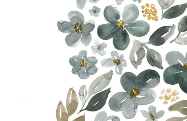 Watercolor floral stationery card in gray and brown. Large scale flowers side border design.