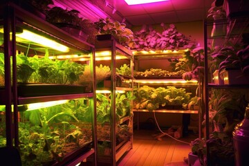 advanced led lighting setup for indoor hydroponic garden, created with generative ai