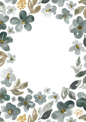 Watercolor floral stationery card in gray and brown. Hand-painted flowers oval frame. 