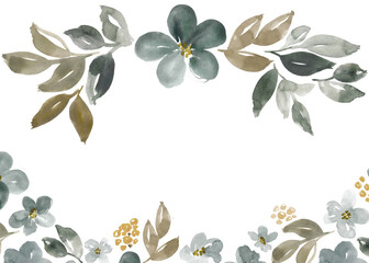 Watercolor floral stationery card in gray and brown. Hand-painted flower frame. Horizontal borders.