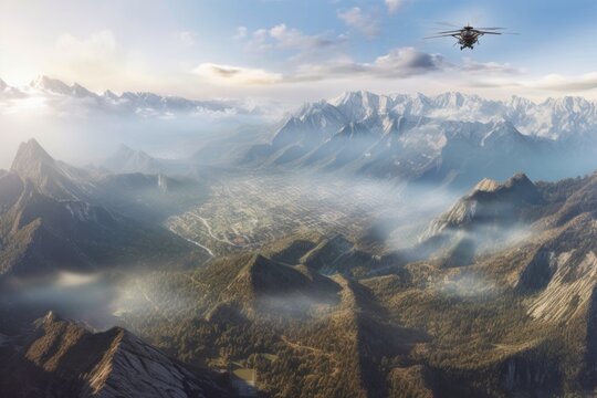drones capturing panoramic aerial view of a mountain range, created with generative ai