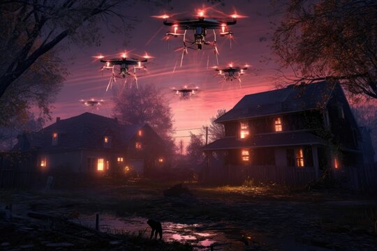 drones with led lights creating a light show at night, created with generative ai