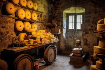 cheese wheels stacked in cellar with temperature gauge, created with generative ai