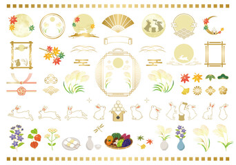 秋のお月見とうさぎのイラストセット