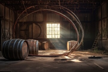 Fototapeta na wymiar wine barrel with iron hoops in a dusty barn, created with generative ai