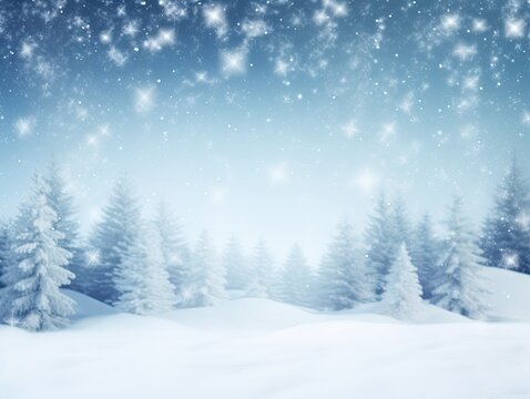 Christmas winter forest, snow and frost blurred background. Blank empty copy space with snow covered trees, holiday festive background. Widescreen backdrop. New year Christmas winter art design border
