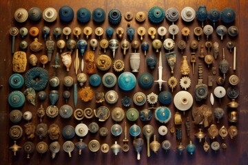 aerial view of antique door knobs arranged on a table, created with generative ai