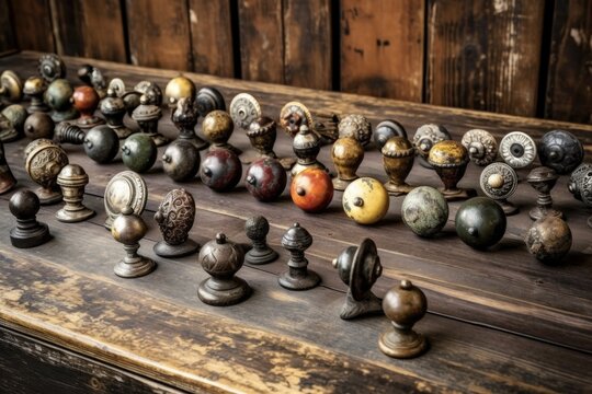 array of antique door knobs on a rustic table, created with generative ai