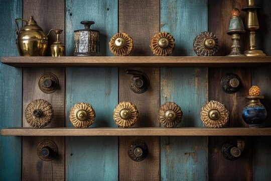 rustic brass door knobs arranged on wooden shelf, created with generative ai