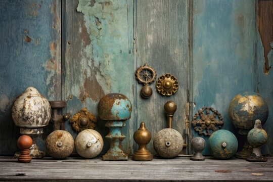artistic arrangement of vintage door knobs on distressed wood, created with generative ai