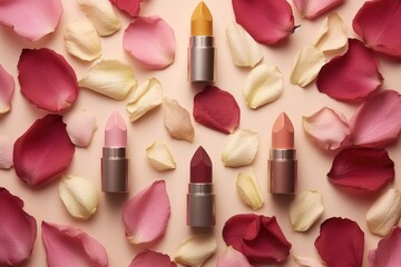 Obraz na płótnie Canvas various lipsticks with flower petals and leaves, created with generative ai