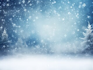 Obraz premium Christmas winter forest, snow and frost blurred background. Blank empty copy space with snow covered trees, holiday festive background. Widescreen backdrop. New year Christmas winter art design border