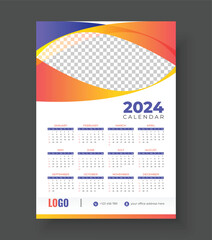 Print Ready One Page wall calendar template design for 2024. Wall Calendar 2024 Template Design. Print Ready One Page wall calendar template design for 2024