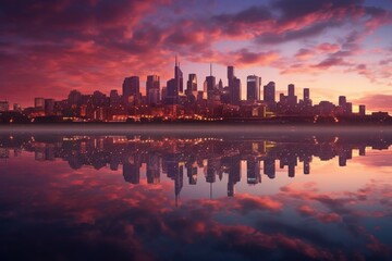 Fototapeta premium city skyline reflecting onto calm water at twilight, created with generative ai
