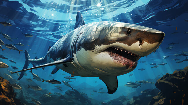 A gigantic great white shark in crystal clear water with caustic reflections.. AI Generated