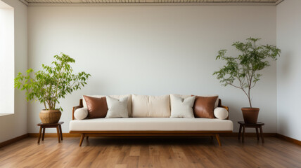 casual sofa in front of a single white empty wall, oiled wooden floor. AI Generated