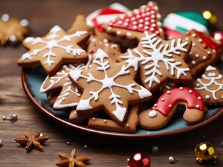 A bunch of freshly baked tasty colorful homemade Christmas cookies on a plate. Generative AI