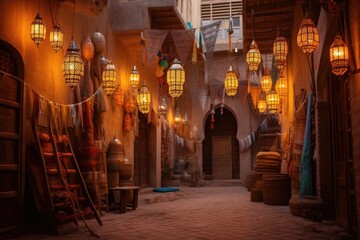 moroccan lanterns hanging in a courtyard, created with generative ai - obrazy, fototapety, plakaty