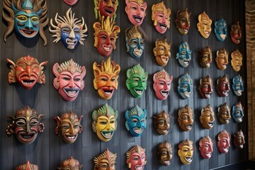 colorful balinese masks displayed on a wall, created with generative ai