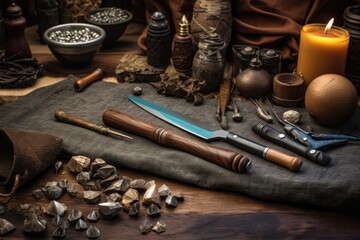 crafting tools arranged next to a half-finished knife, created with generative ai
