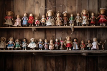Obraz premium handmade dolls displayed on a rustic shelf, created with generative ai