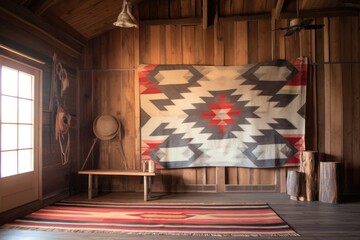 navajo rug hanging on a rustic wooden wall, created with generative ai