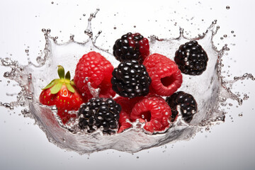 close up of raspberry, strawberry, blackberry splash in air. AI Generated