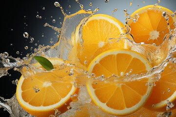 close up of sliced orange juice splash in air.. AI Generated