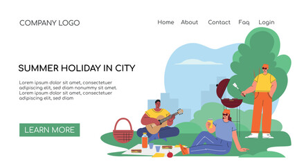 Landing page concept. Summer in the city. Proplr rest in the park, talking with friends, relaxing atmosphere. A men plays the guitar, barbecue a girl eats an apple.. Flat style