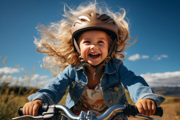 portrait of a little girl riding bike, blurred blue sky background. AI Generated