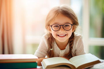 portrait of a happy child little girl with glasses sitting on a stack of books and reading a books. AI Generated