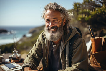 Obraz premium Portrait of pretty senior man in white casuals writing journal besides tent in forest. AI Generated