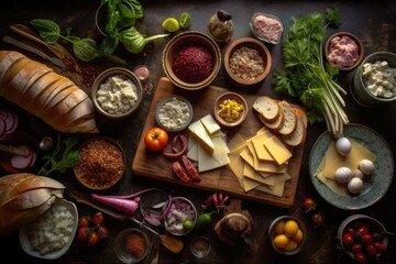 overhead view of ingredients for a sandwich, created with generative ai