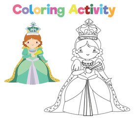 Coloring page a fairy tale Medieval Kingdom black and white the queen in green dress with sceptre. Vector outline fantasy kingdom a queen in crown and mantle. Medieval fairytale queen character. 