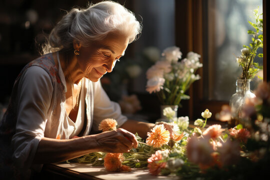 portrait of a senior woman arranging flowers in vase. AI Generated