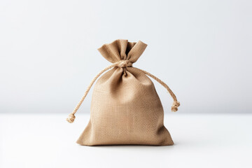 tiny money bag, isolated, minimalistic, high angle view, light background. AI Generated
