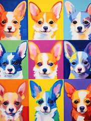 Fototapeta premium Portrait collection of chihuahua dog, with rows and columns of different puppy moods reflected in different colors. Generative AI