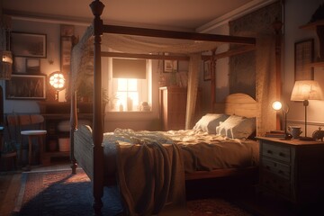 Cozy bedroom interior with mock up poster frame, big bed, beige bedding, plaid, lamp, wooden stands, black ladder, beige rug, wall with stucco and personal accessories. Generative AI