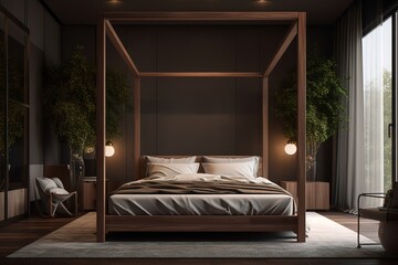 Cozy bedroom interior with mock up poster frame, big bed, beige bedding, plaid, lamp, wooden stands, black ladder, beige rug, wall with stucco and personal accessories. Generative AI