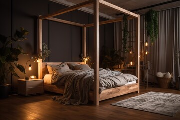 Cozy bedroom interior with mock up poster frame, big bed, beige bedding, plaid, lamp, wooden stands, black ladder, beige rug, wall with stucco and personal accessories. Generative AI