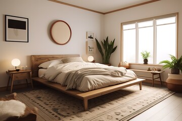 Patterned blanket on wooden bed in grey bedroom interior with plants and posters. Generative AI