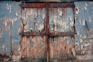 old barn door with peeling paint and restored hinges, created with generative ai