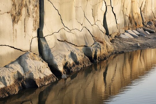 close-up of cracks in the levee structure, water seeping through, created with generative ai