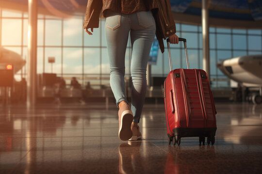 Rear view of unrecognizable slender woman in casual clothes walking with a suitcase at airport, close-up of legs and luggage. Travel, trip, vacation concept