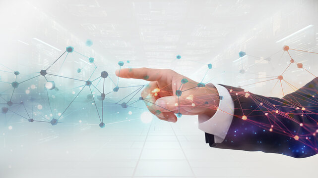 hand of businessman pointing to connection line as digital data network. futuristic information technology analysis for business success concept. generative AI 