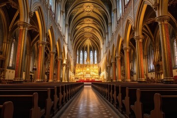 wide-angle view of the cathedrals nave, created with generative ai